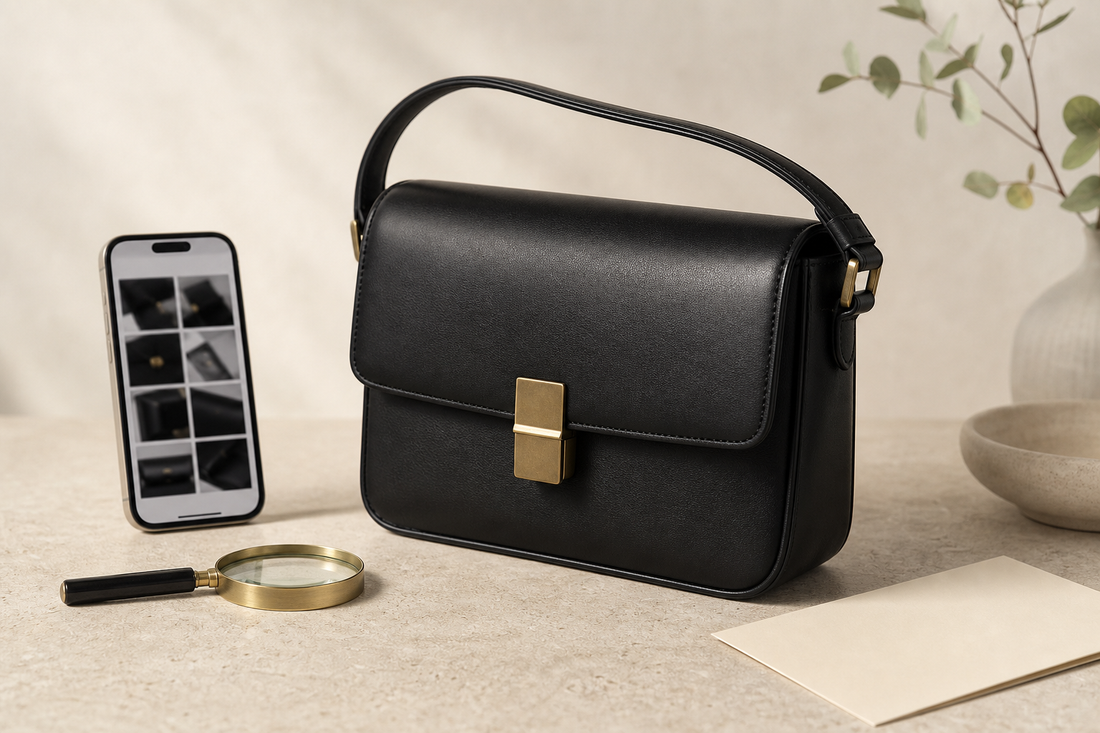 Unbranded black leather shoulder bag beside a phone showing detail-photo thumbnails and a magnifying glass