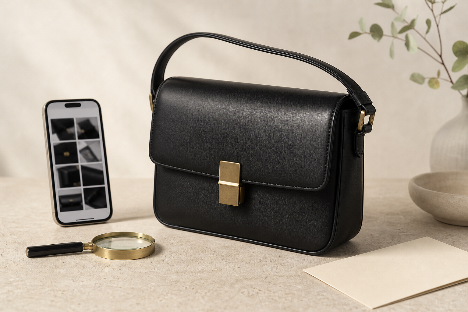 Unbranded black leather shoulder bag beside a phone showing detail-photo thumbnails and a magnifying glass