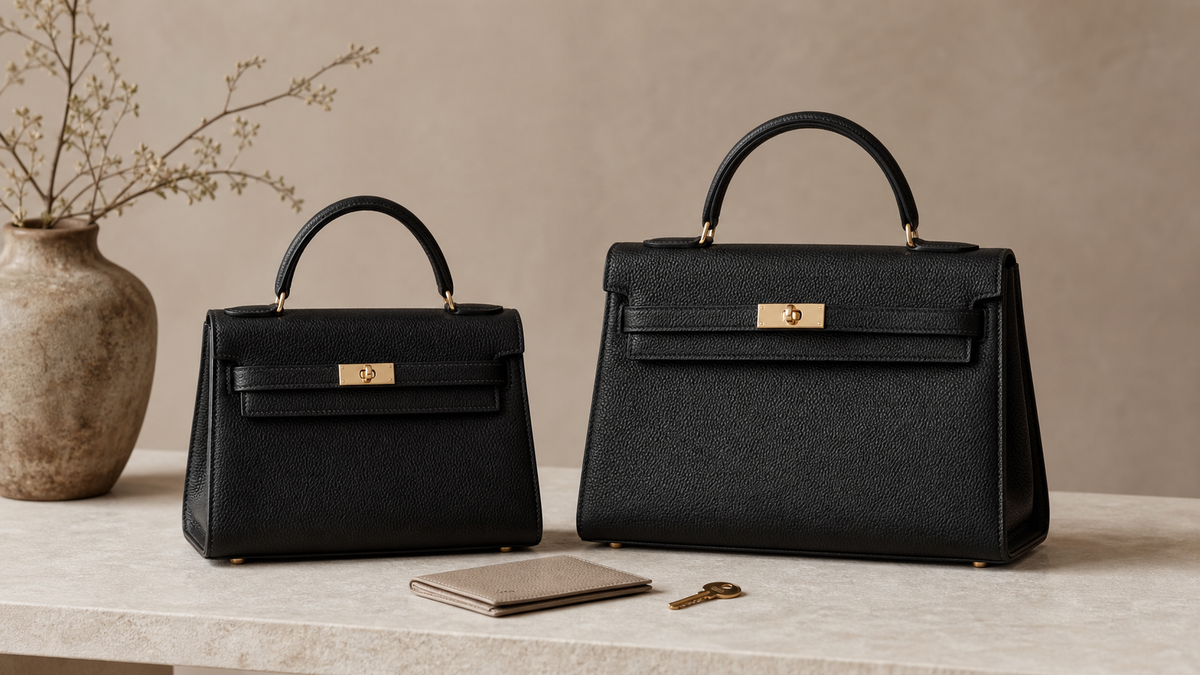 Editorial still life of two unbranded black structured leather top-handle handbags in compact and medium sizes beside a card holder and key.