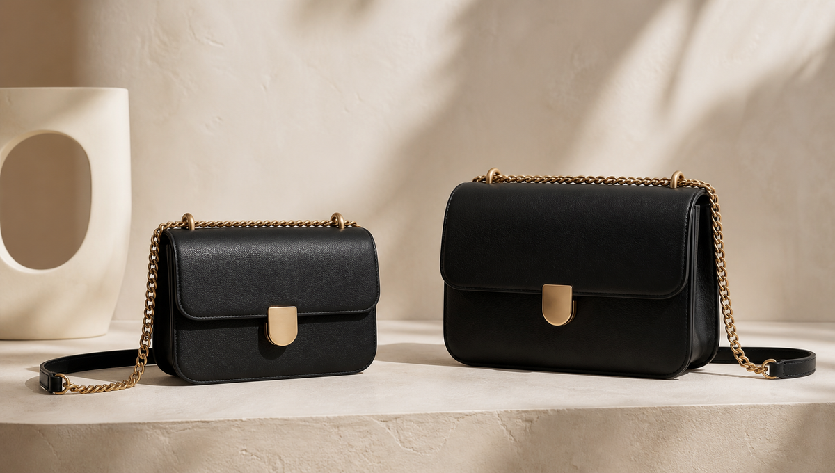 Two anonymous black structured crossbody bags in compact and larger sizes on a warm neutral studio surface