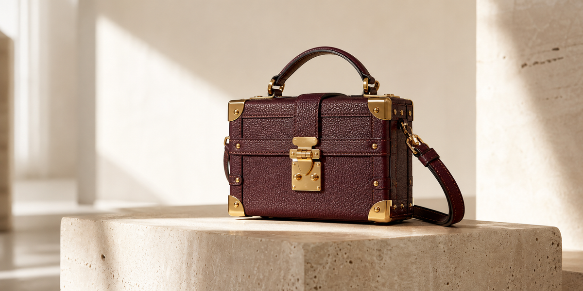 Generic burgundy structured mini trunk handbag with gold-tone hardware