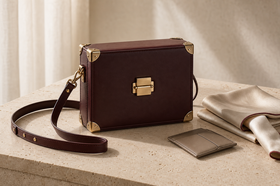 Unbranded trunk-inspired burgundy hard-case crossbody bag with metal corners, shown with a strap and card holder on travertine.