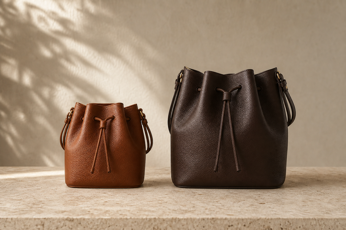 Two unbranded pebbled-leather bucket bags in compact and medium sizes on a neutral stone surface, illustrating a pre-owned size comparison.