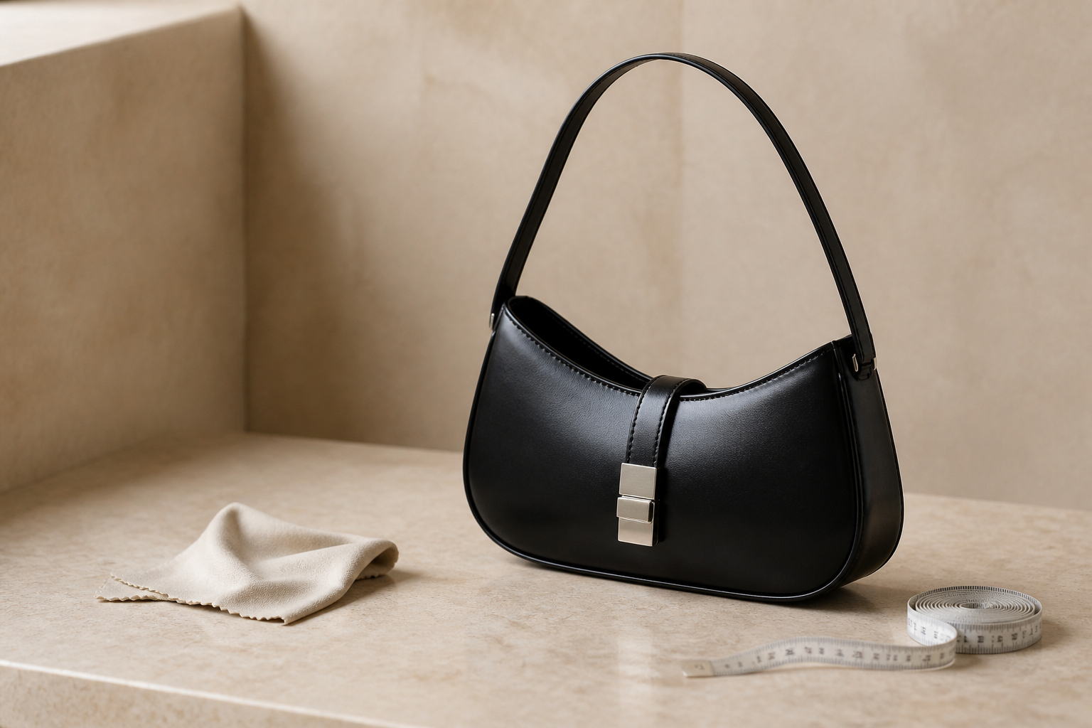 Anonymous curved black leather shoulder bag with a plain silver-tone closure, care cloth, and measuring tape for a pre-owned Prada Cleo buying guide.