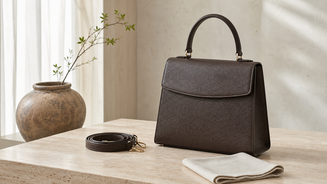 Logo-free editorial image of an anonymous espresso saffiano-texture top-handle bag with a detachable shoulder strap on a stone surface