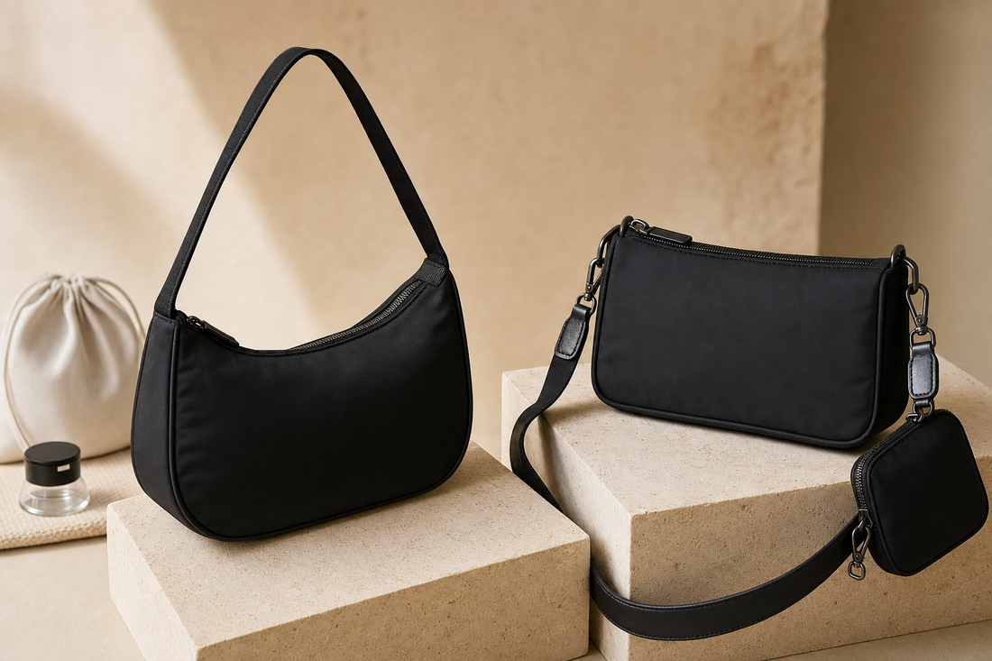 Two anonymous black nylon shoulder bags with different strap configurations on limestone plinths, illustrating a pre-owned Prada Re-Edition 2000 versus 2005 comparison.