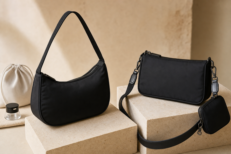 Two anonymous black nylon shoulder bags with different strap configurations on limestone plinths, illustrating a pre-owned Prada Re-Edition 2000 versus 2005 comparison.