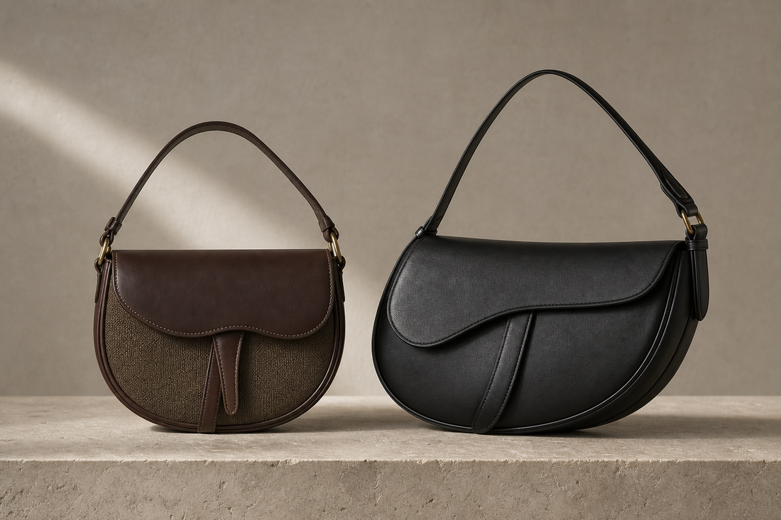 Two unbranded saddle-shaped shoulder bags in brown and black on a stone plinth, illustrating a vintage-versus-modern buying comparison.