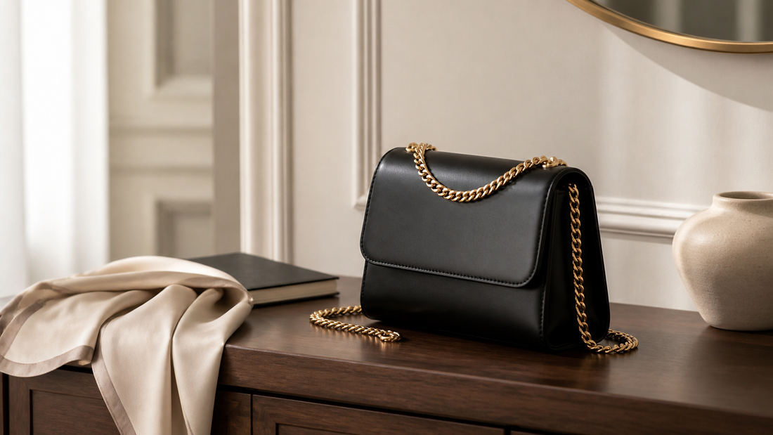 Unbranded black leather flap bag with a gold-tone chain on a walnut console, illustrating a compact chain-strap handbag buying guide
