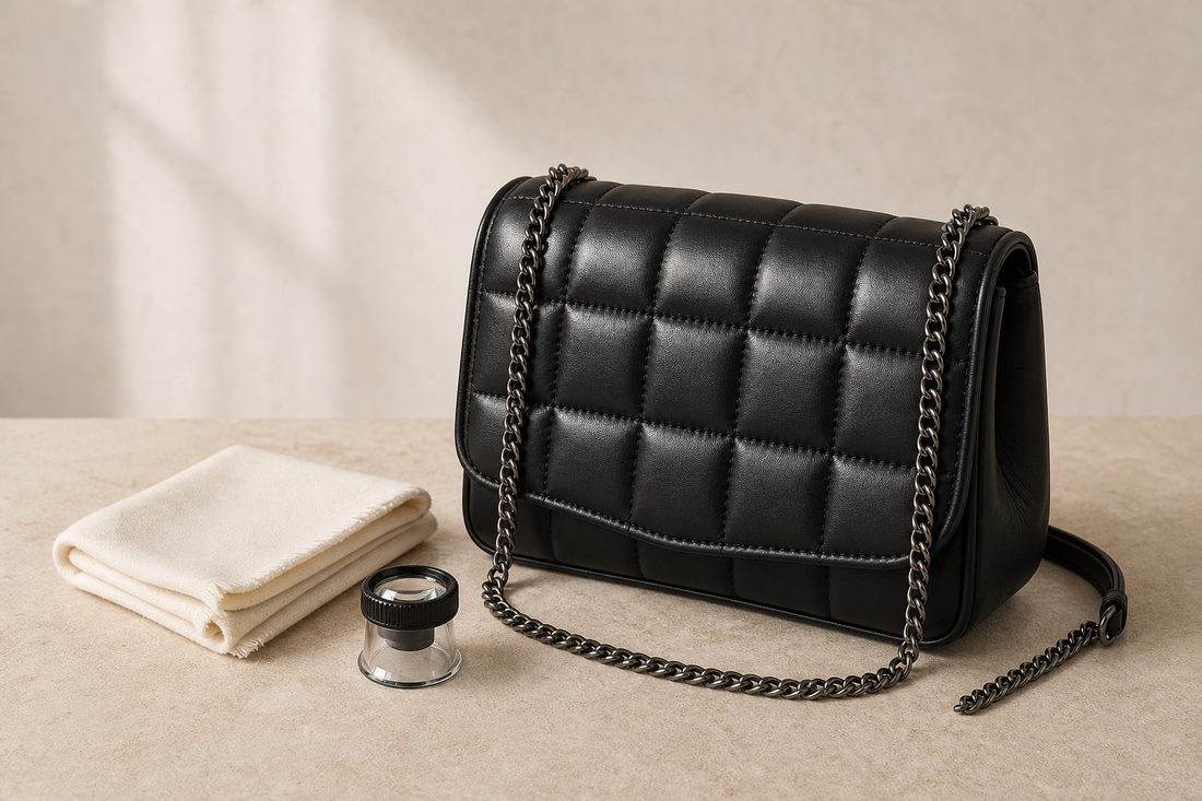 Unbranded black quilted puffer shoulder bag with a loupe and cloth for a pre-owned condition inspection guide