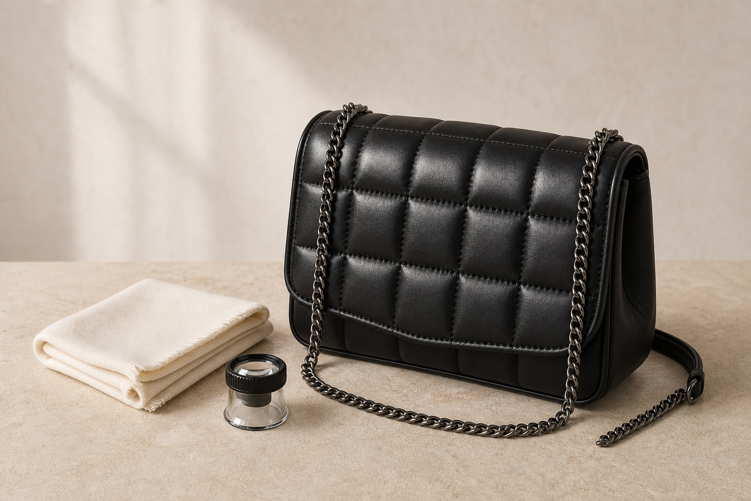 Unbranded black quilted puffer shoulder bag with a loupe and cloth for a pre-owned condition inspection guide