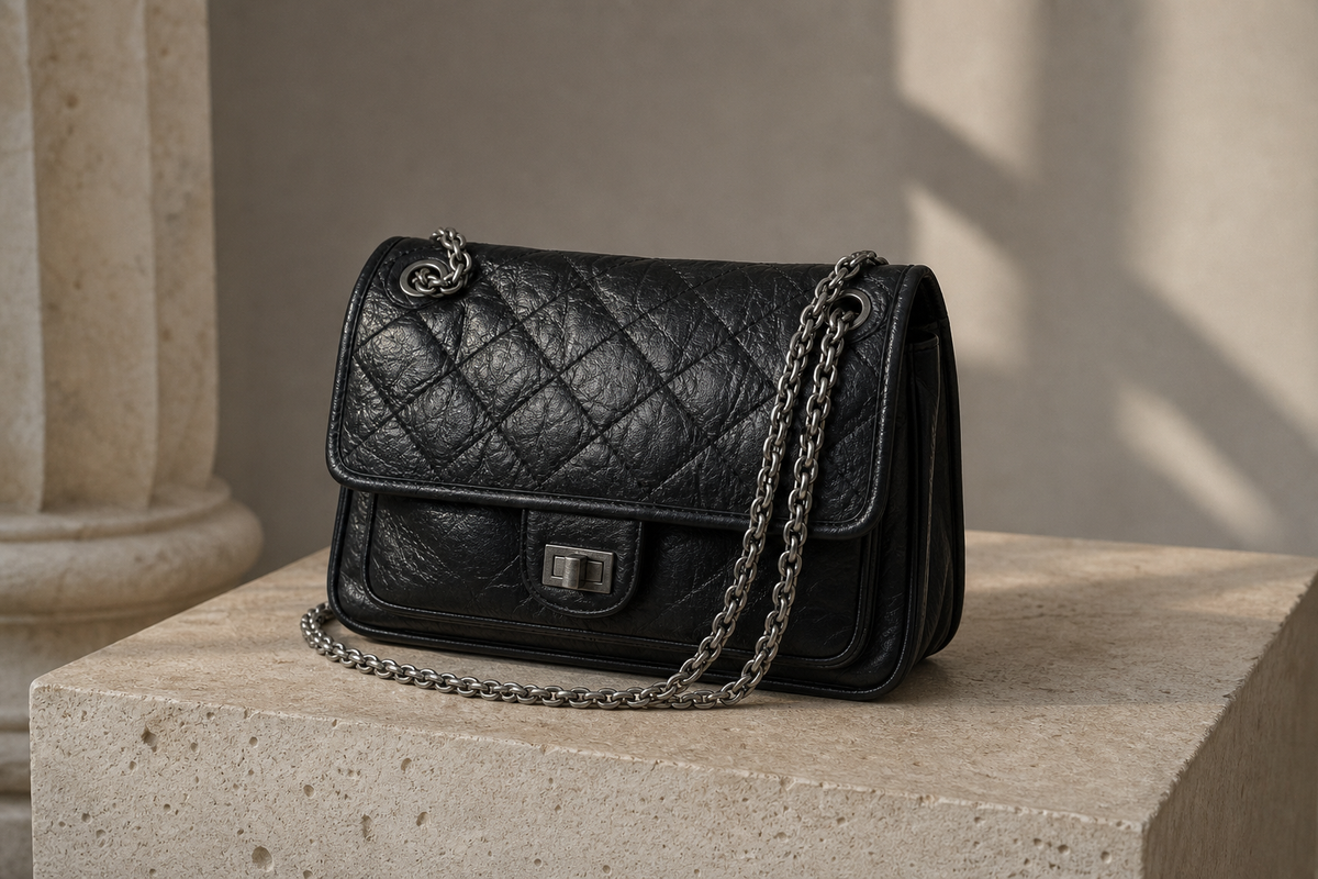 Logo-free editorial image of an anonymous black quilted leather shoulder bag with an unbranded silver-toned chain on a stone pedestal