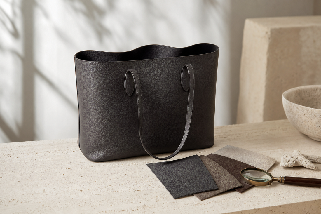Unbranded charcoal leather tote with leather swatches and a magnifying glass in a luxury resale editorial setting