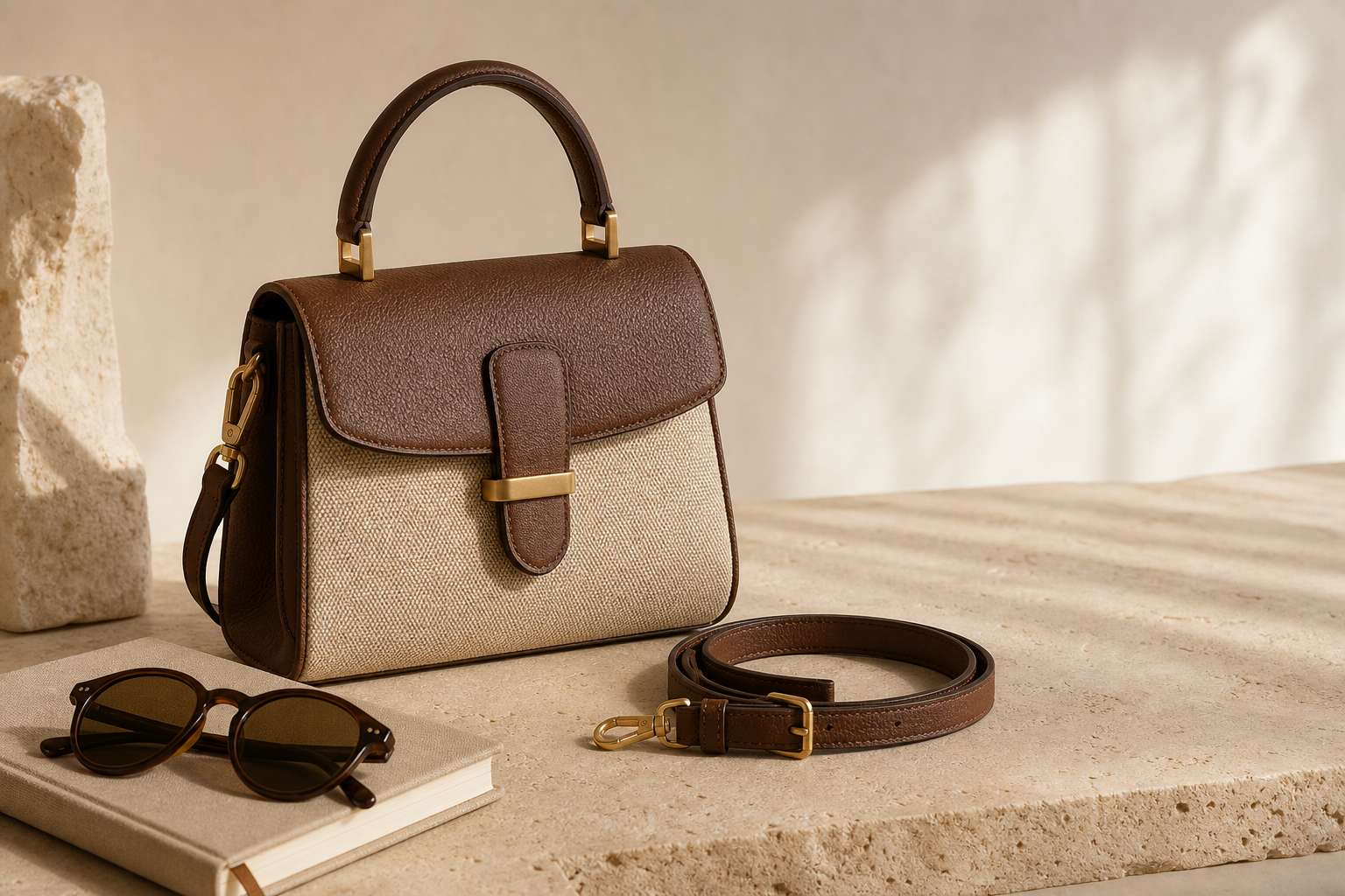 Unbranded compact top-handle bag with removable shoulder strap on a warm stone surface, illustrating a pre-owned handbag buying decision.