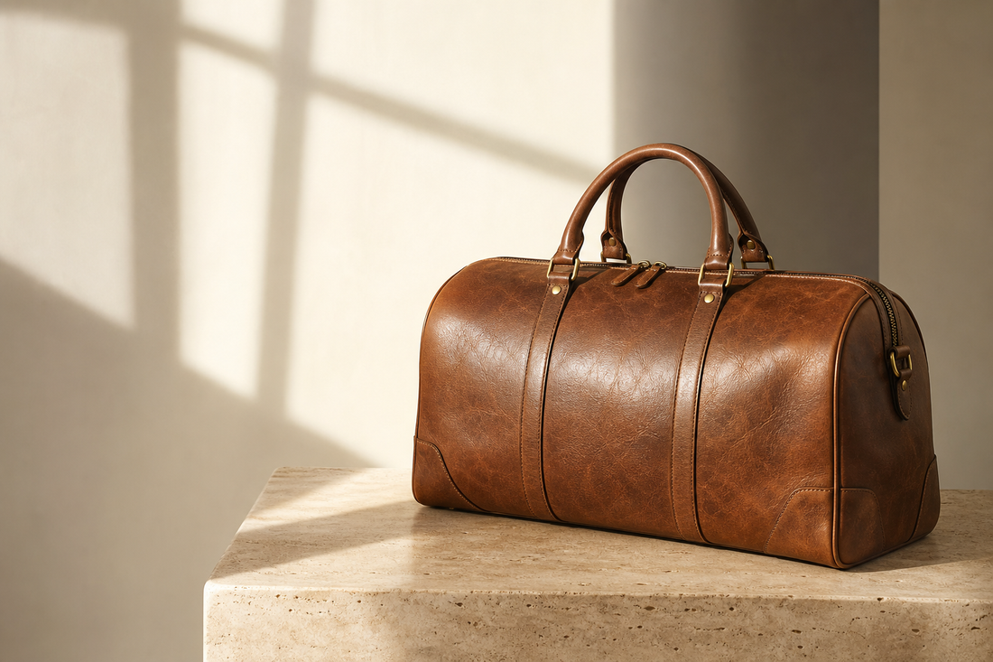 Unbranded vintage-inspired brown leather travel satchel on a stone table