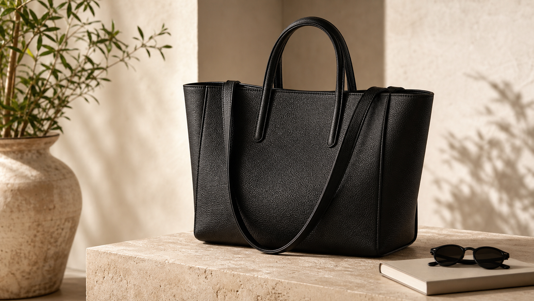 Unbranded black structured leather tote with short handles and shoulder straps in a warm editorial setting