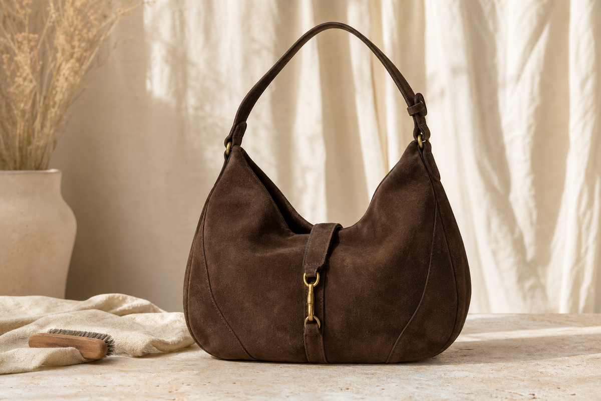Logo-free editorial image of an espresso-brown suede hobo bag with a suede-care brush for a pre-owned buying guide