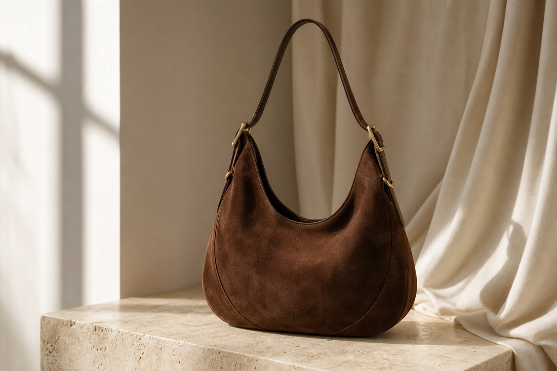 Logo-free chocolate suede hobo bag in a refined editorial setting