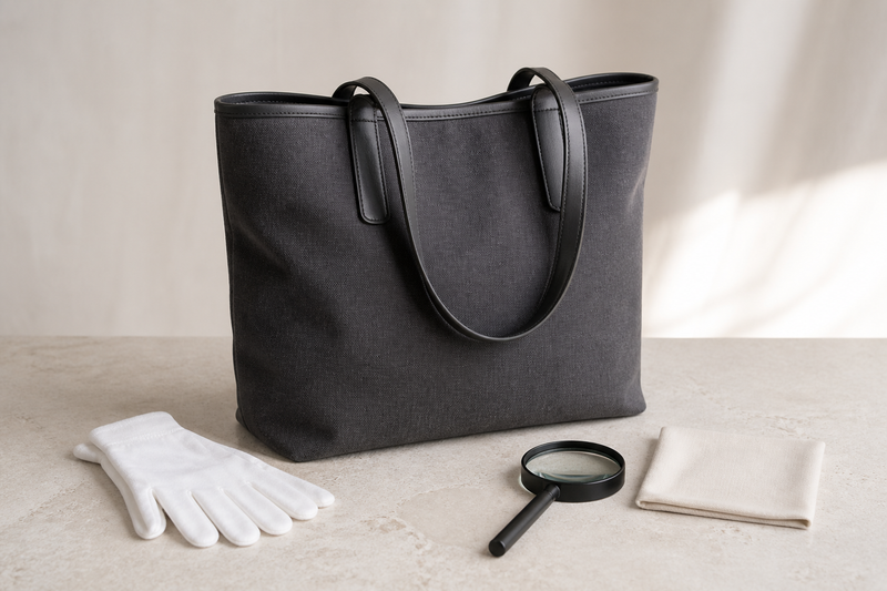Unbranded charcoal canvas tote with plain leather handles beside a glove and magnifier for condition inspection