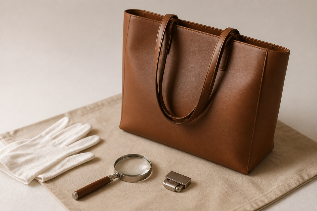 Unbranded brown leather tote with white gloves and a magnifying glass on a neutral inspection cloth