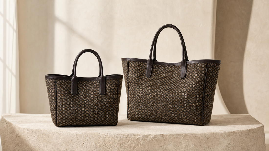 Editorial image of two unbranded dark canvas tote bags in smaller and larger sizes on a stone pedestal.
