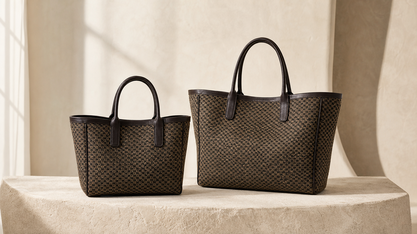 Editorial image of two unbranded dark canvas tote bags in smaller and larger sizes on a stone pedestal.