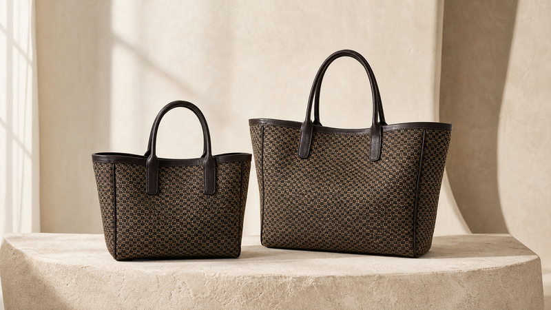 Editorial image of two unbranded dark canvas tote bags in smaller and larger sizes on a stone pedestal.
