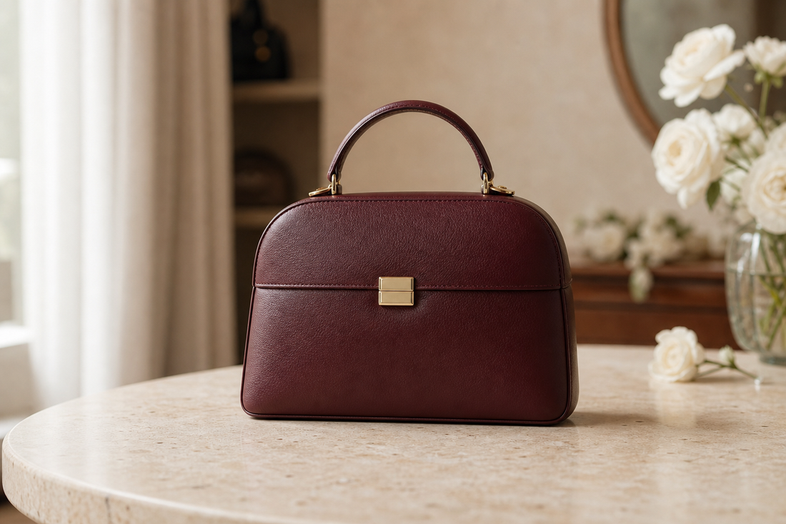 Logo-free oxblood leather vanity-style handbag on a neutral editorial tabletop