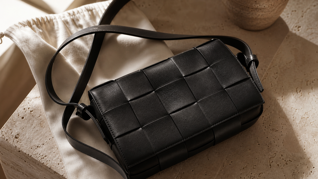 Unbranded black woven leather crossbody bag on warm stone beside an ivory dust bag