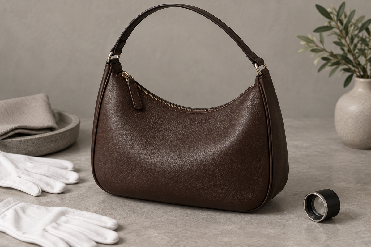 Generic brown leather handbag inspection scene with white gloves and a magnifying loupe