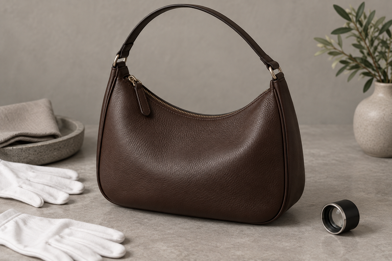 Generic brown leather handbag inspection scene with white gloves and a magnifying loupe