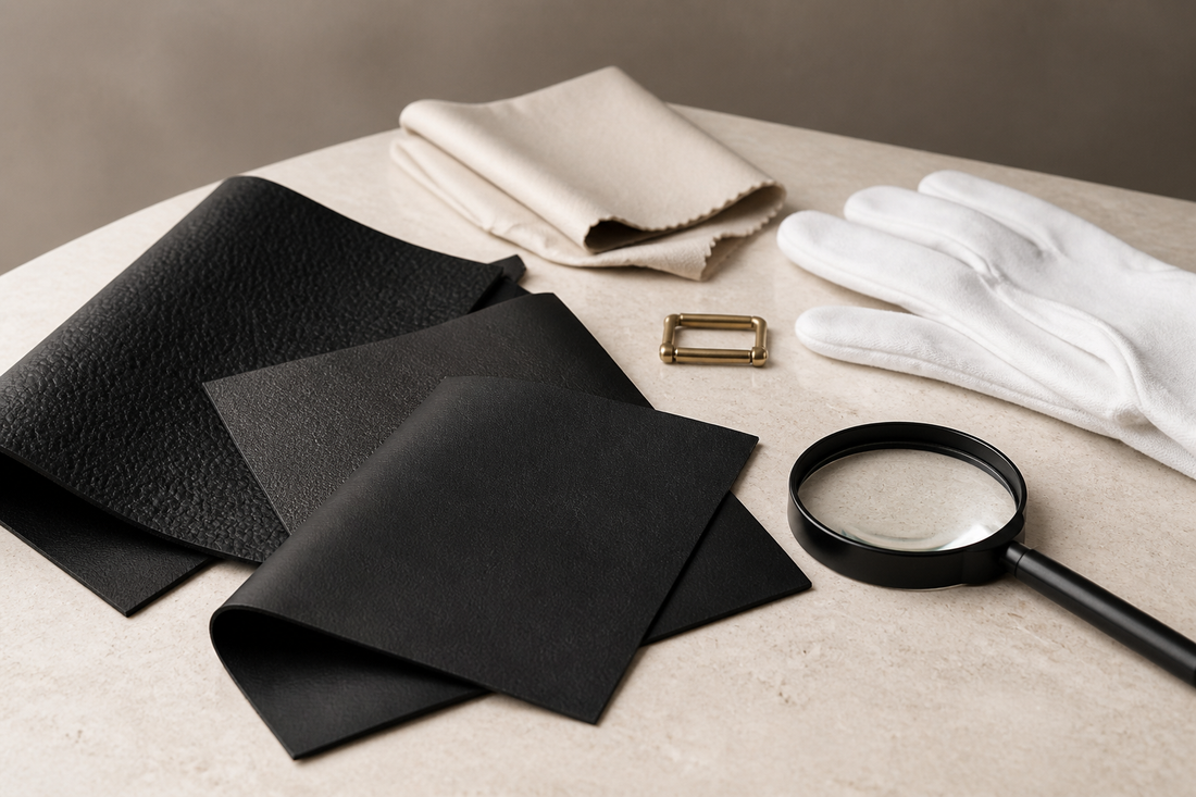 Leather inspection tools and unbranded material swatches for a pre-owned handbag buying guide