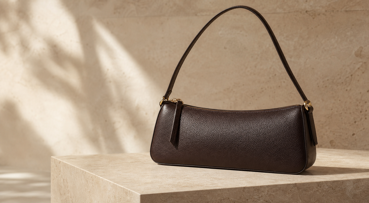Logo-free editorial image of a dark espresso east-west shoulder bag for a pre-owned luxury buying guide
