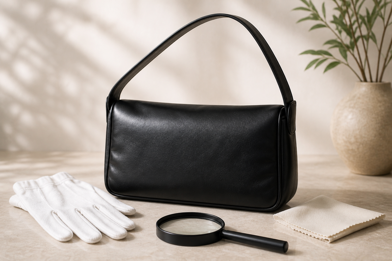 Unbranded black leather shoulder bag with white inspection gloves and magnifying loupe on a neutral tabletop