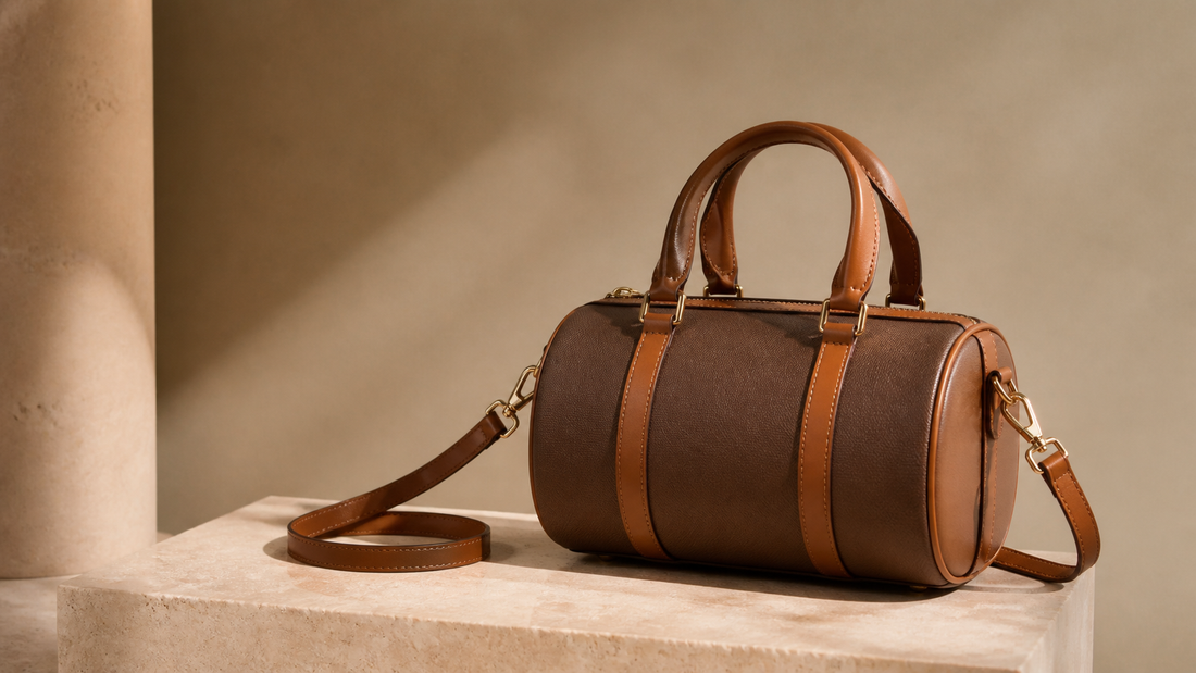 Logo-free editorial image of an unbranded compact barrel bag with top handles and a shoulder strap, illustrating a pre-owned compact top-handle buying guide.