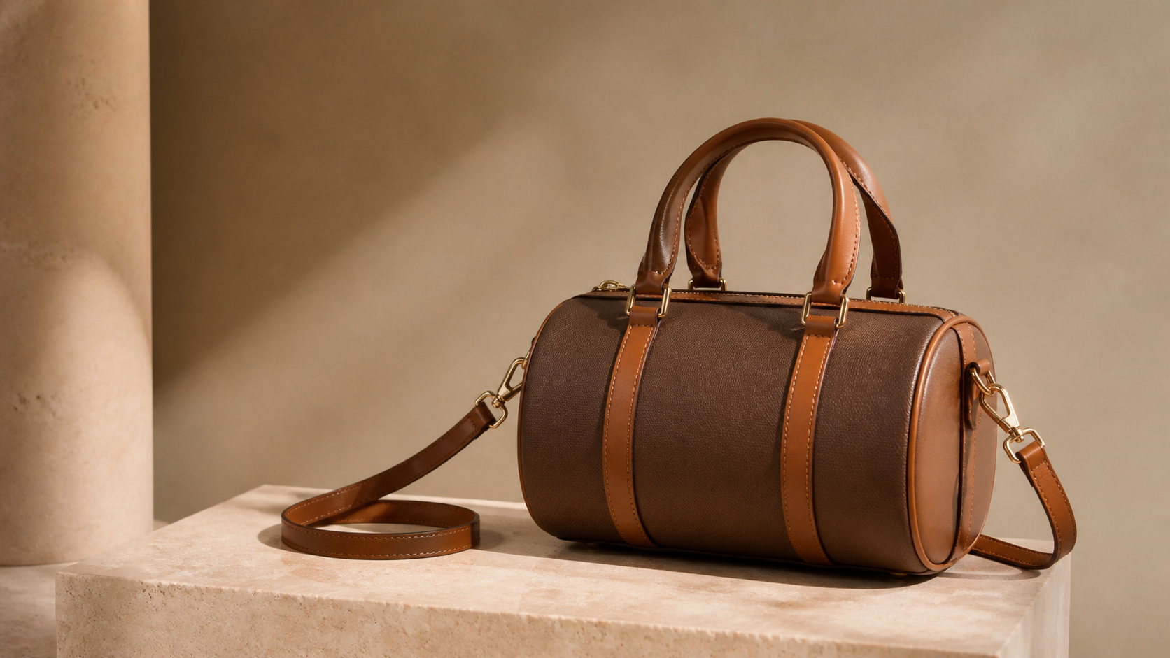 Logo-free editorial image of an unbranded compact barrel bag with top handles and a shoulder strap, illustrating a pre-owned compact top-handle buying guide.