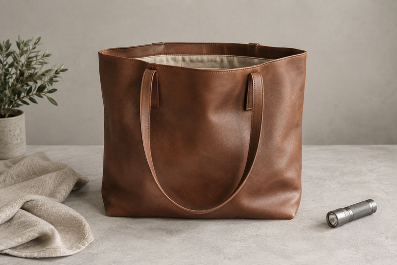 Unbranded brown leather tote beside an inspection flashlight on a neutral tabletop