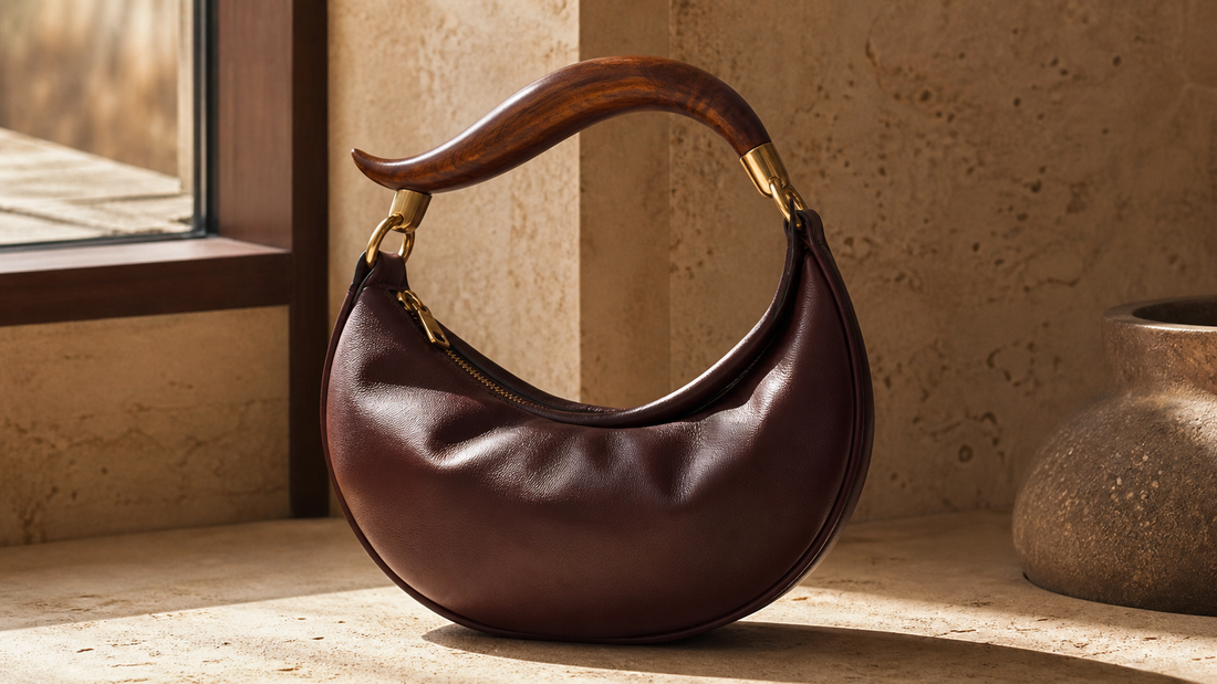 Logo-free editorial image of a sculptural oxblood leather shoulder bag
