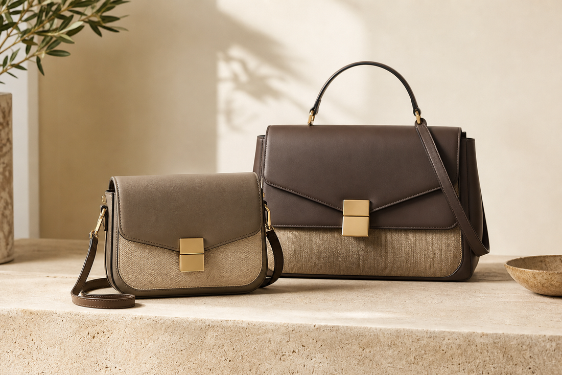 Editorial comparison of two unbranded structured flap handbags in compact and medium sizes on a warm neutral stone surface.
