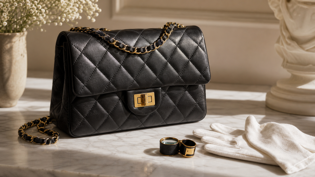 Unbranded black quilted vintage-inspired flap bag with a plain gold turn-lock, styled for an authentication guide