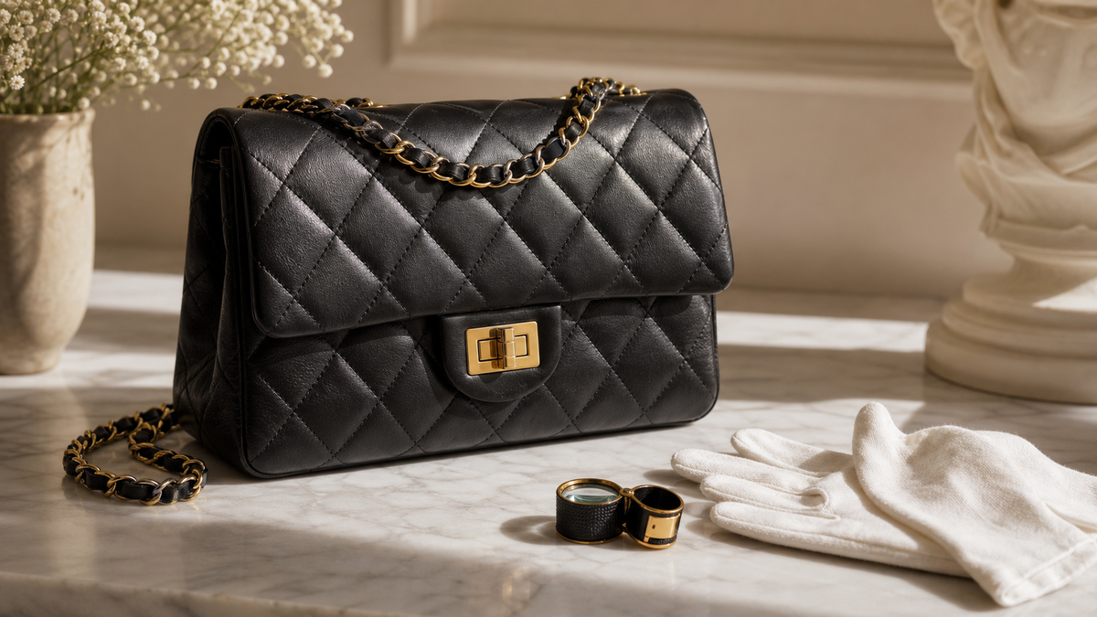 Unbranded black quilted vintage-inspired flap bag with a plain gold turn-lock, styled for an authentication guide
