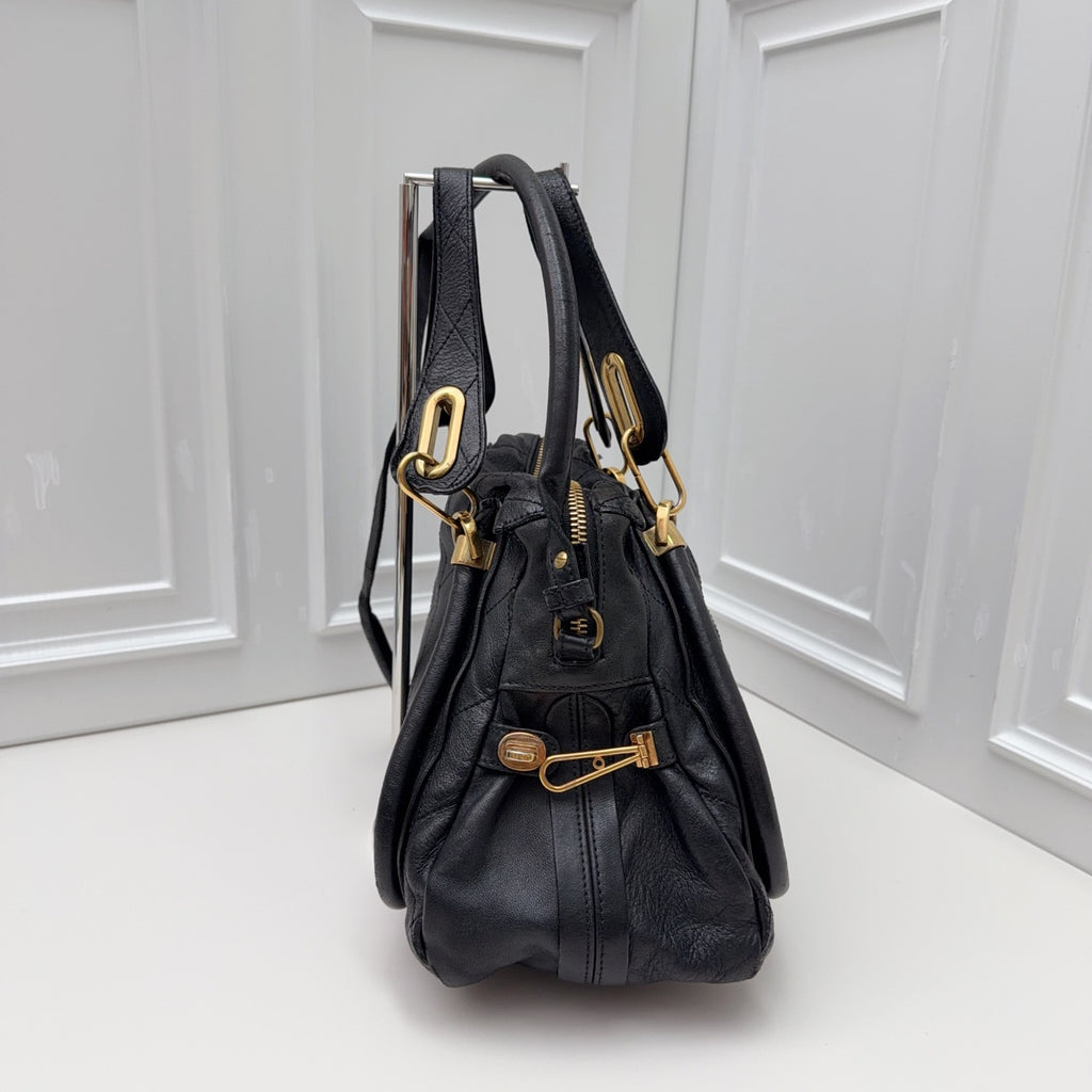 Chloe Paraty Calfskin Top Handle Shoulder Bag Black Gold Women Classic