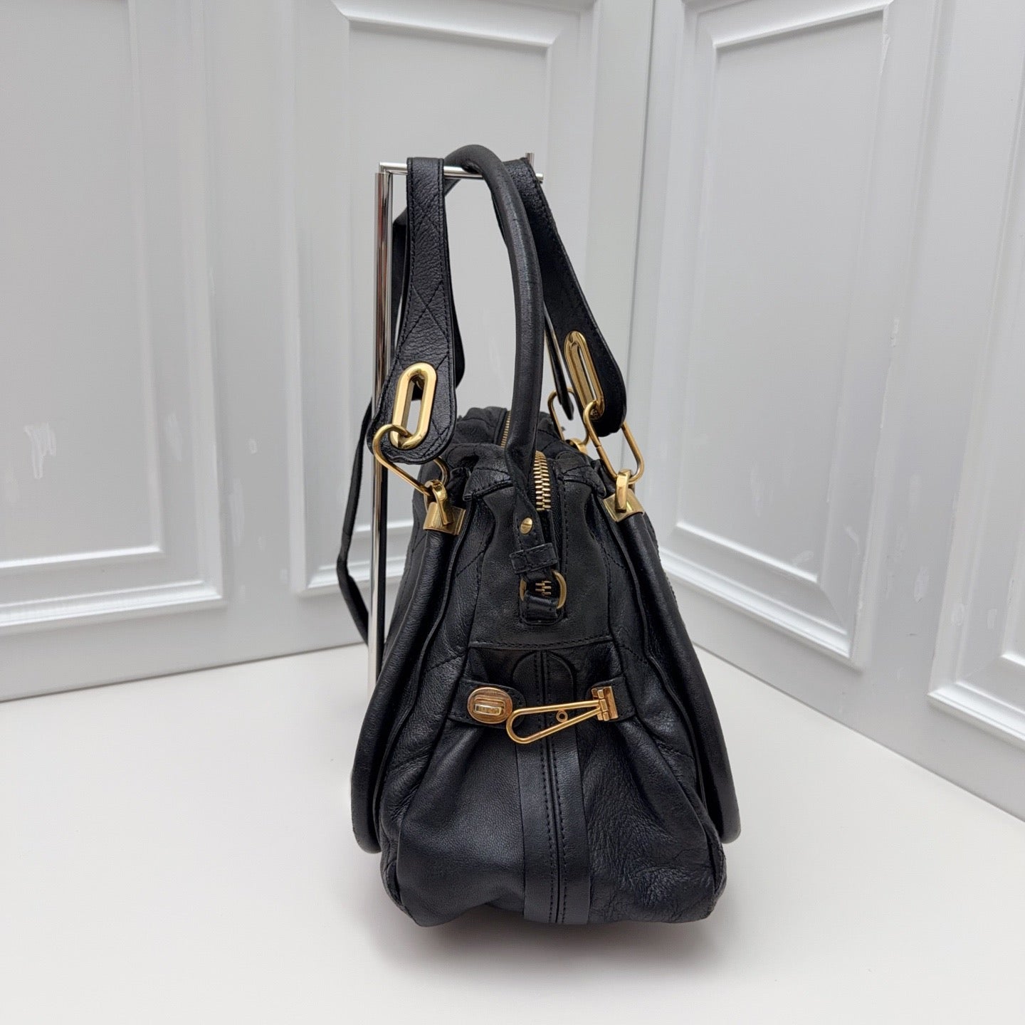 Chloe Paraty Calfskin Top Handle Shoulder Bag Black Gold Women Classic