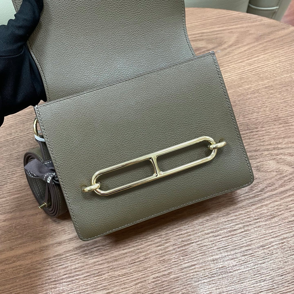 Hermes Roulis19 Evercolor Shoulder Bag Crossbody Gray Gold Women Classic Fashion
