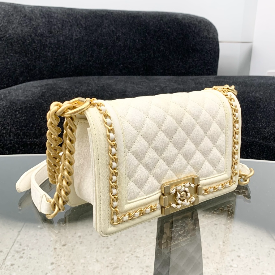 Chanel Leboy PM Chain Shoulder Bag Crossbody White Gold Women Classic S