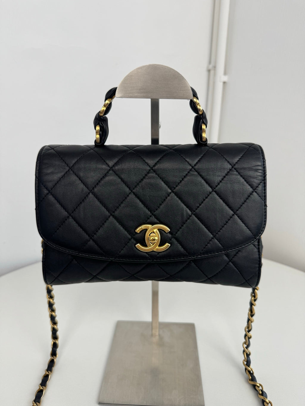 Chanel Kelly Black Quilted Leather Top Handle Crossbody Flap Bag Gold Hardware