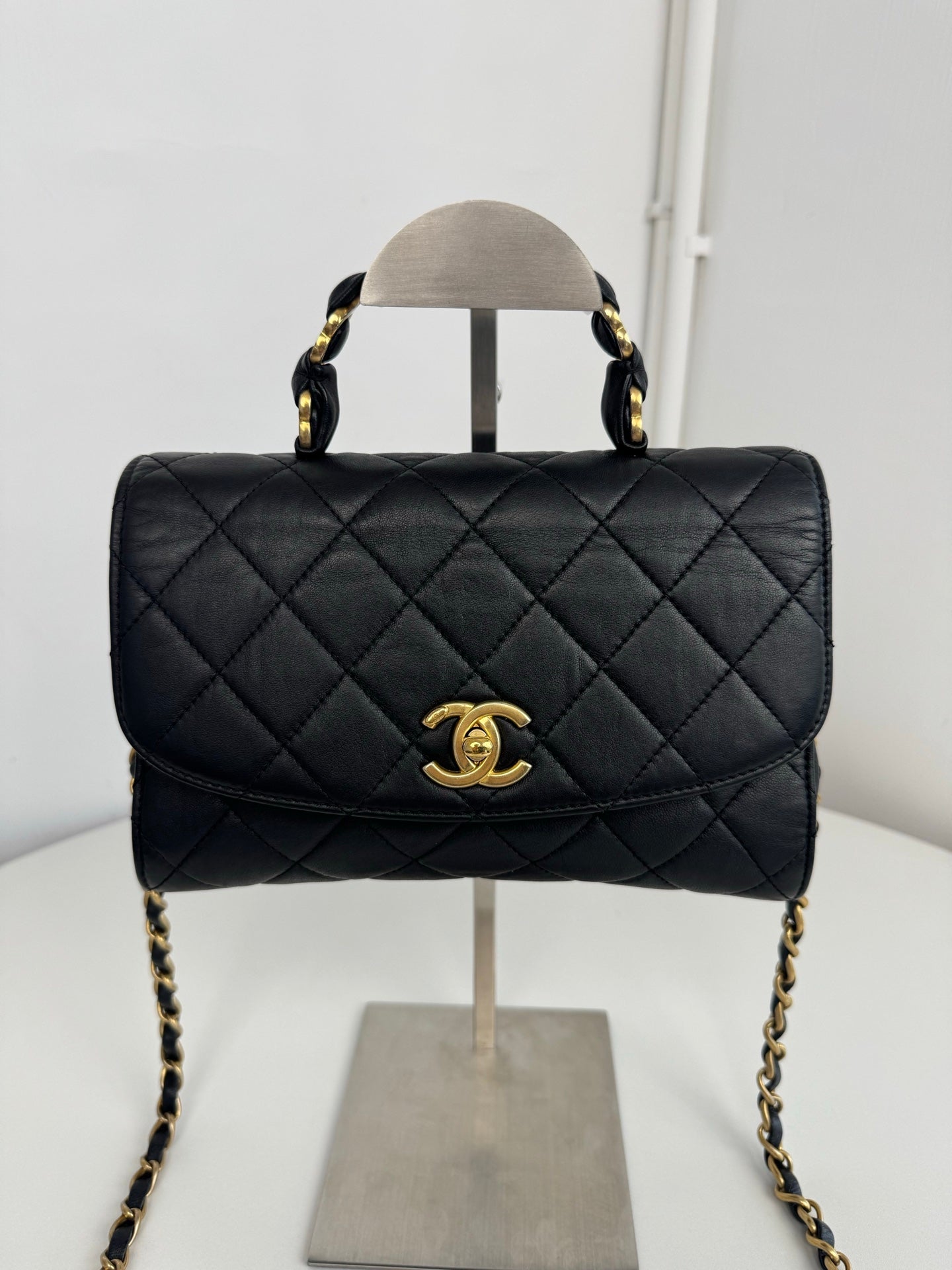 Chanel Kelly Black Quilted Leather Top Handle Crossbody Flap Bag Gold Hardware