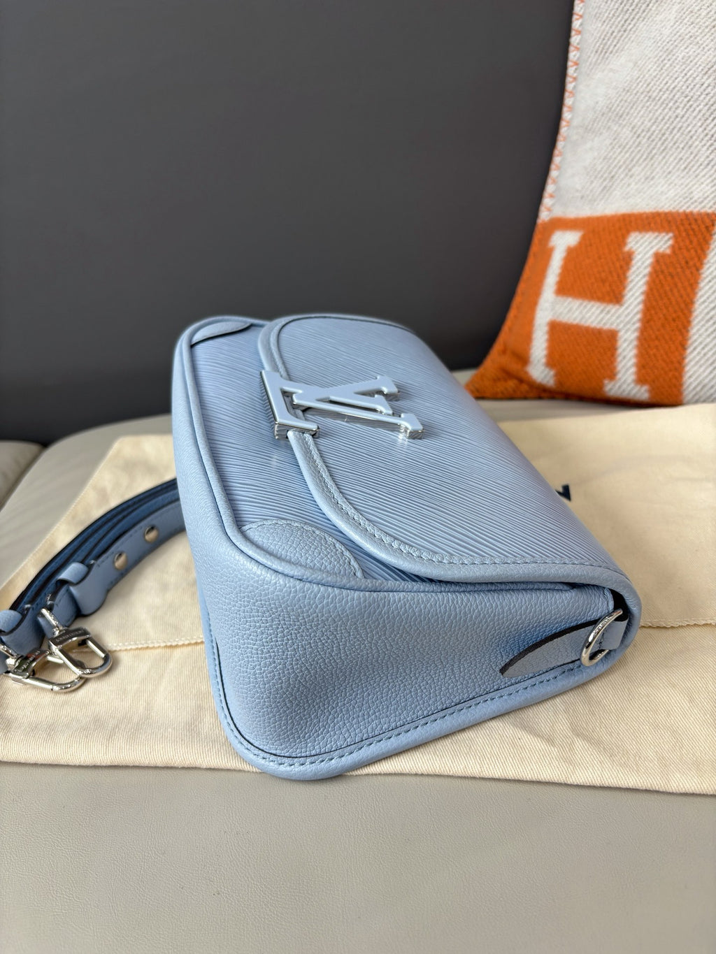 Louis Vuitton Buci Epi Leather Shoulder Bag Underarm Bag Light Blue LV Logo