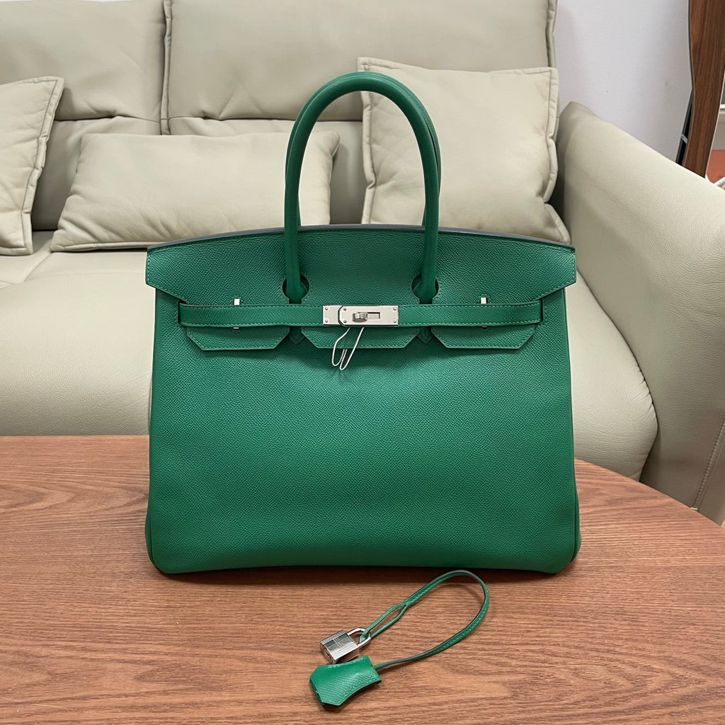 Hermes Birkin35 Epsom Top Handle Bag Green Silver Used Women Classic Fashion