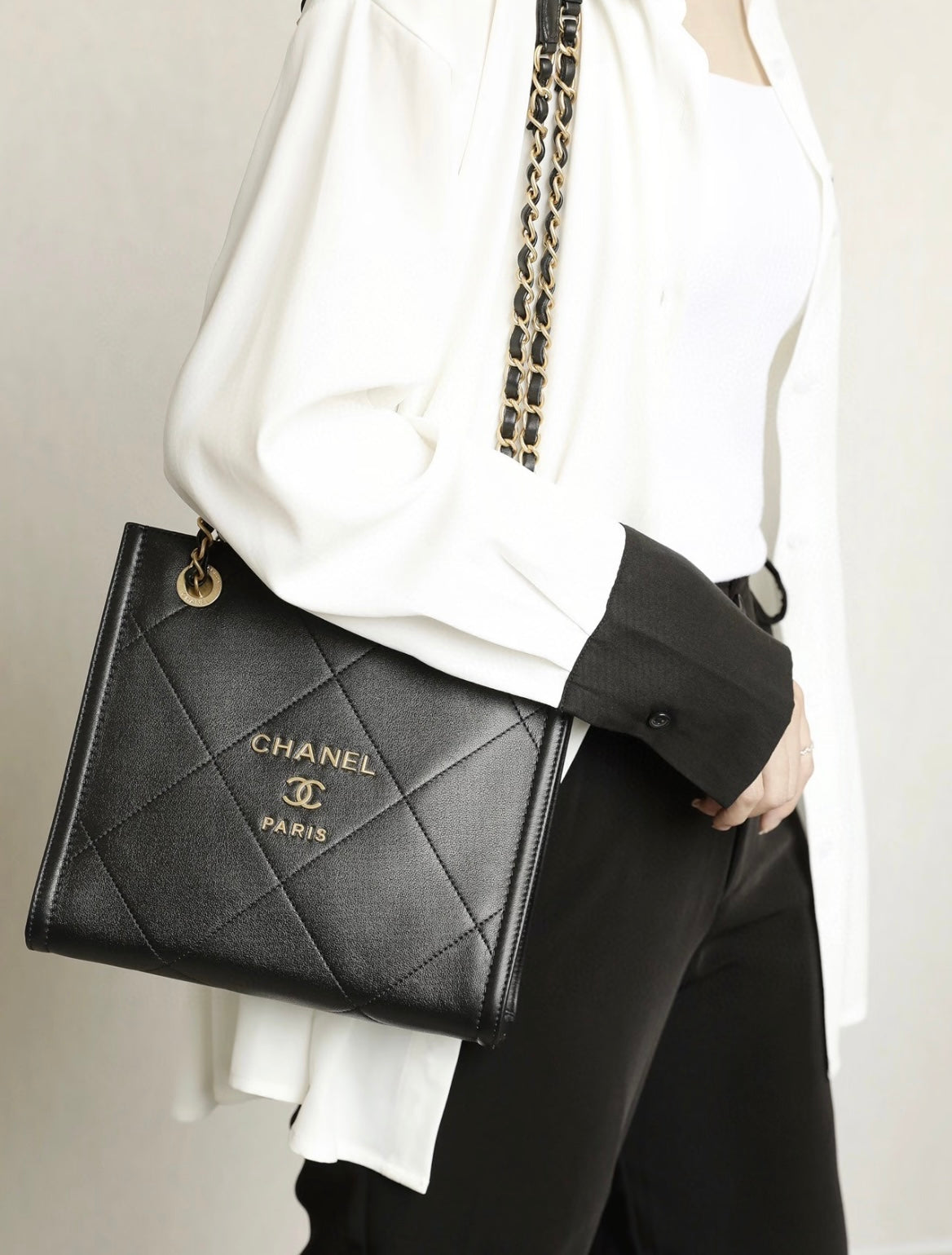 Chanel Calfskin Tote PM Chain Shoulder Bag Diamond Black Gold Women Classic